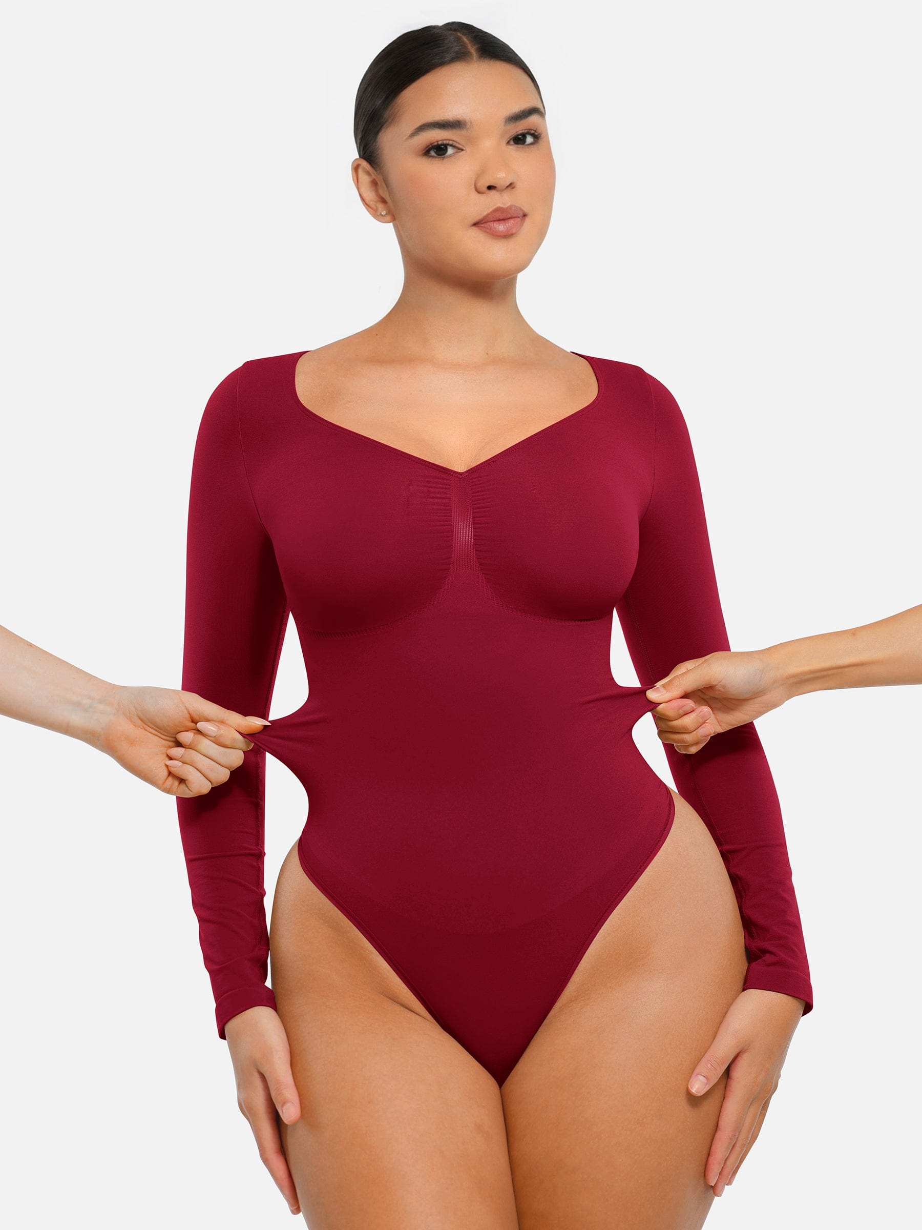 BodyLyn Seamless Long Sleeve Chest Support Tummy Control Thong Bodysuit