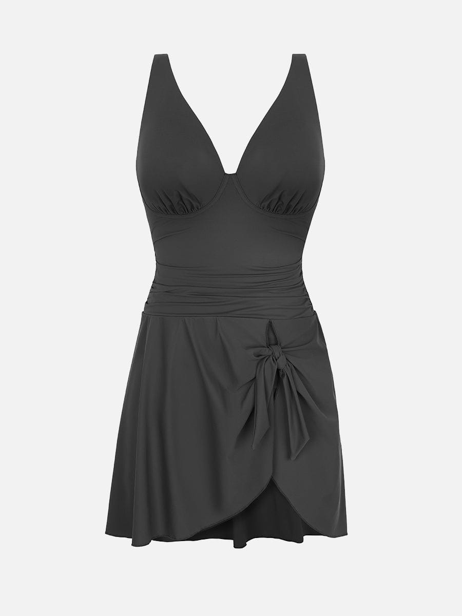 BodyLyn Deep V Ruched Shaping Mesh One Piece Swimsuit with Removable Pads