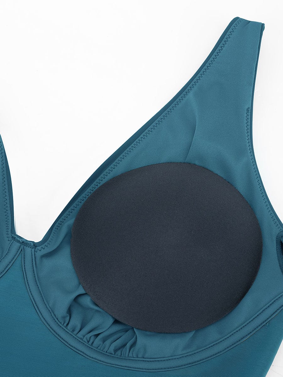 BodyLyn Deep V Ruched Shaping Mesh One Piece Swimsuit with Removable Pads