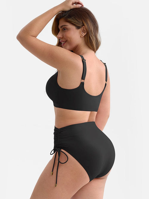 BodyLyn Deep V Metal Ring Drawstring Tummy Control Swimsuit with Removable Pads