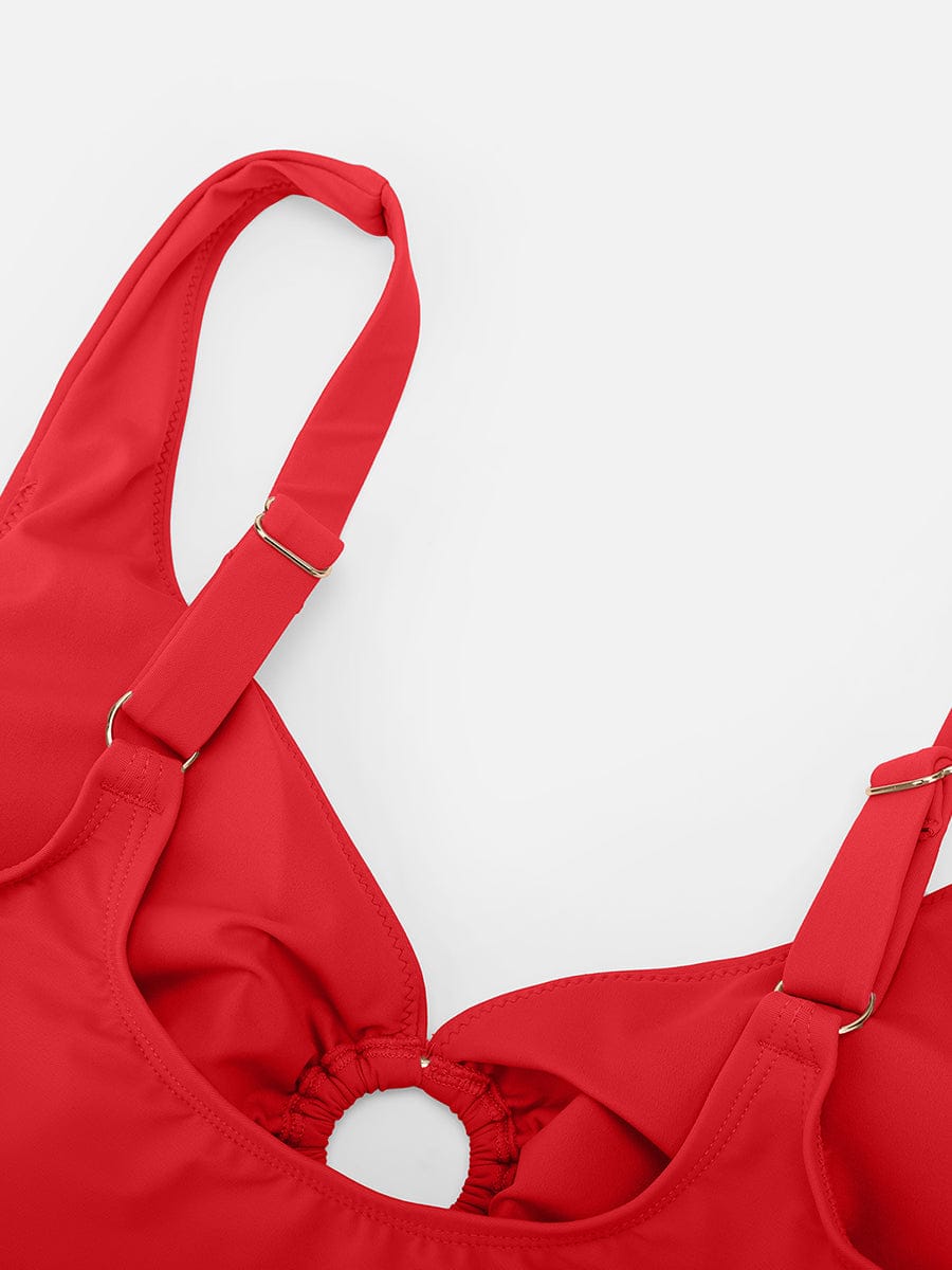 BodyLyn Deep V Metal Ring Drawstring Tummy Control Swimsuit with Removable Pads