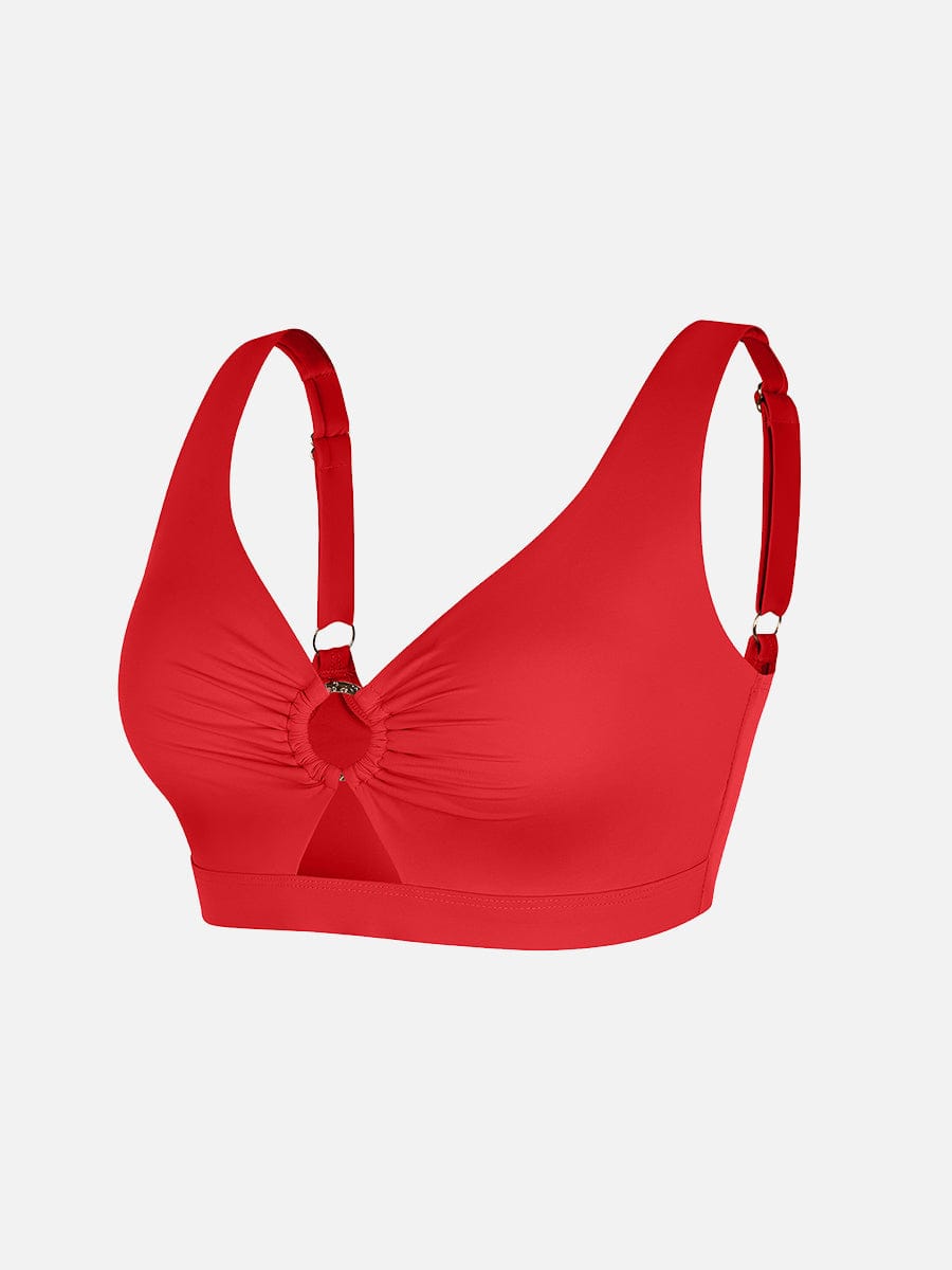 BodyLyn Deep V Metal Ring Drawstring Tummy Control Swimsuit with Removable Pads