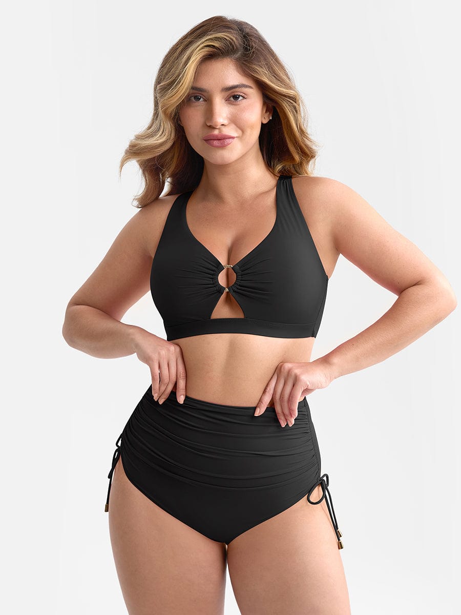 BodyLyn Deep V Metal Ring Drawstring Tummy Control Swimsuit with Removable Pads