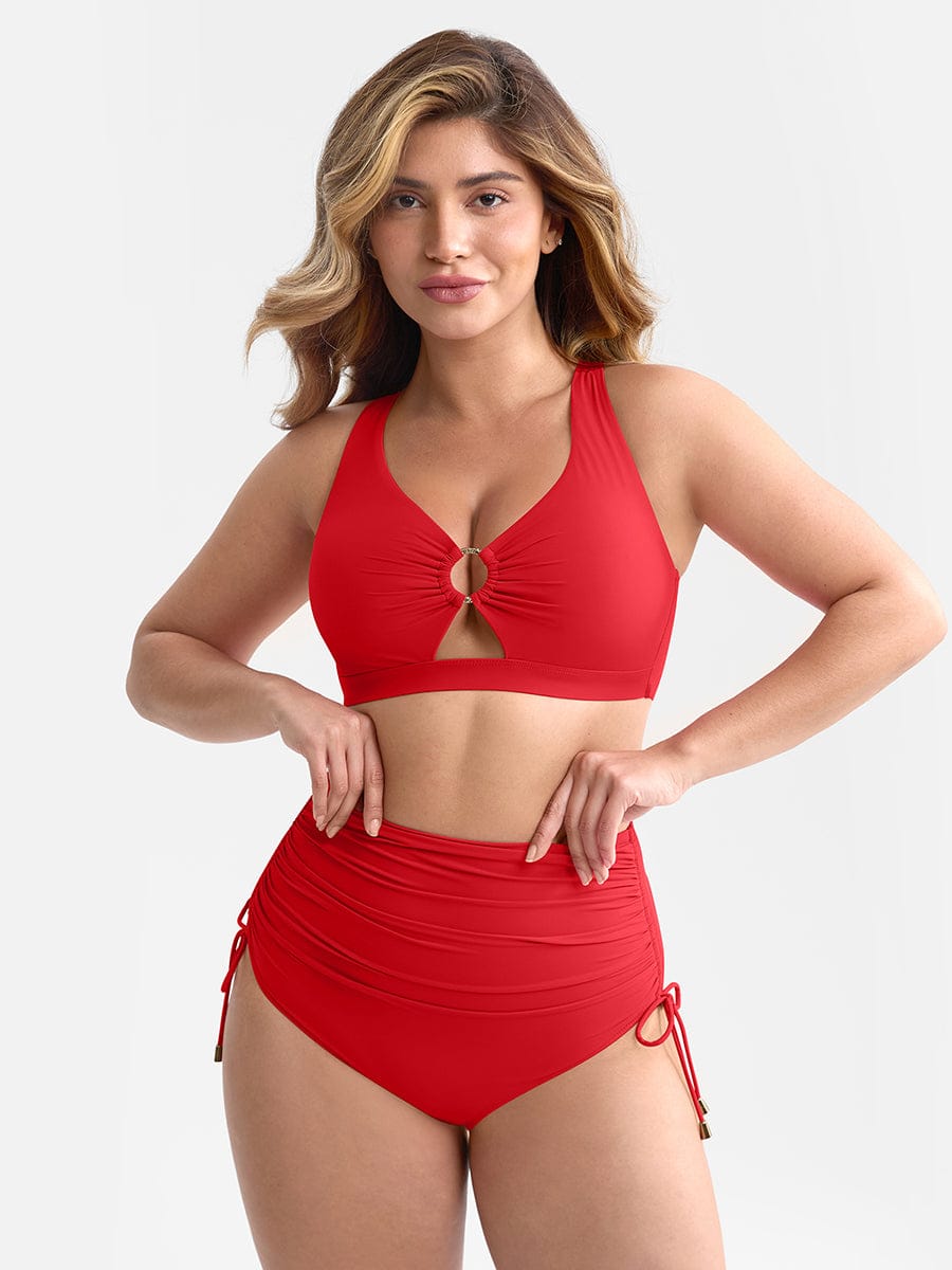 BodyLyn Deep V Metal Ring Drawstring Tummy Control Swimsuit with Removable Pads