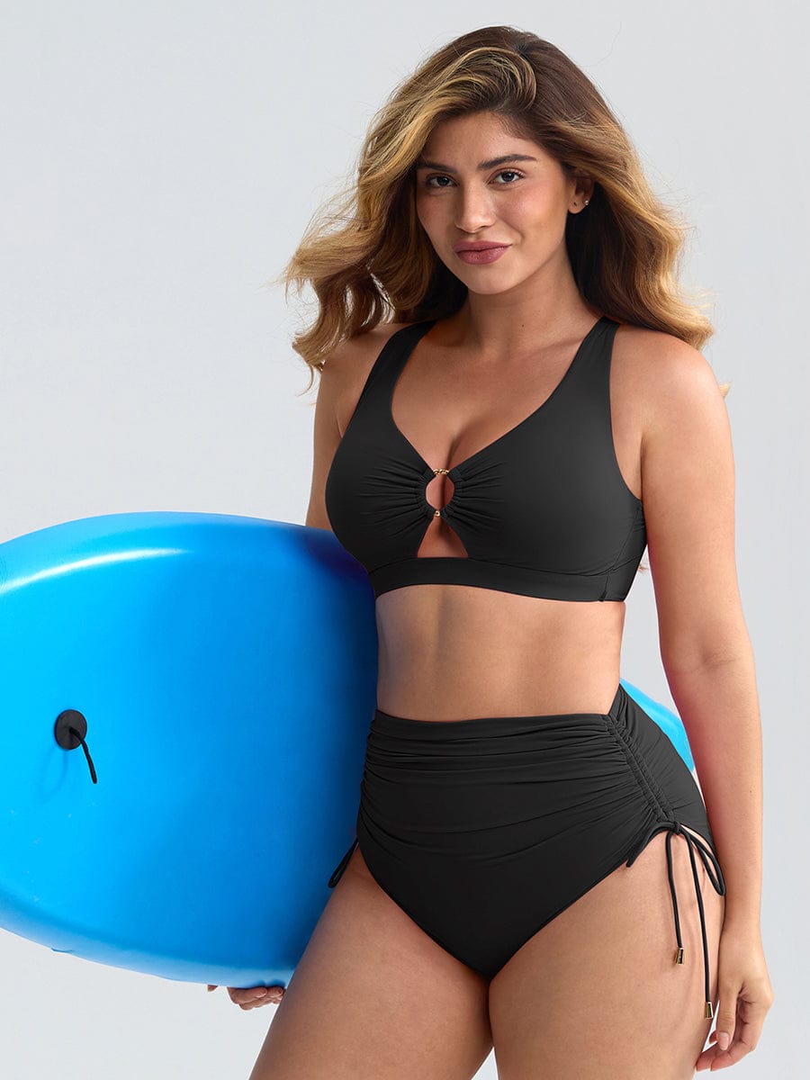 BodyLyn Deep V Metal Ring Drawstring Tummy Control Swimsuit with Removable Pads