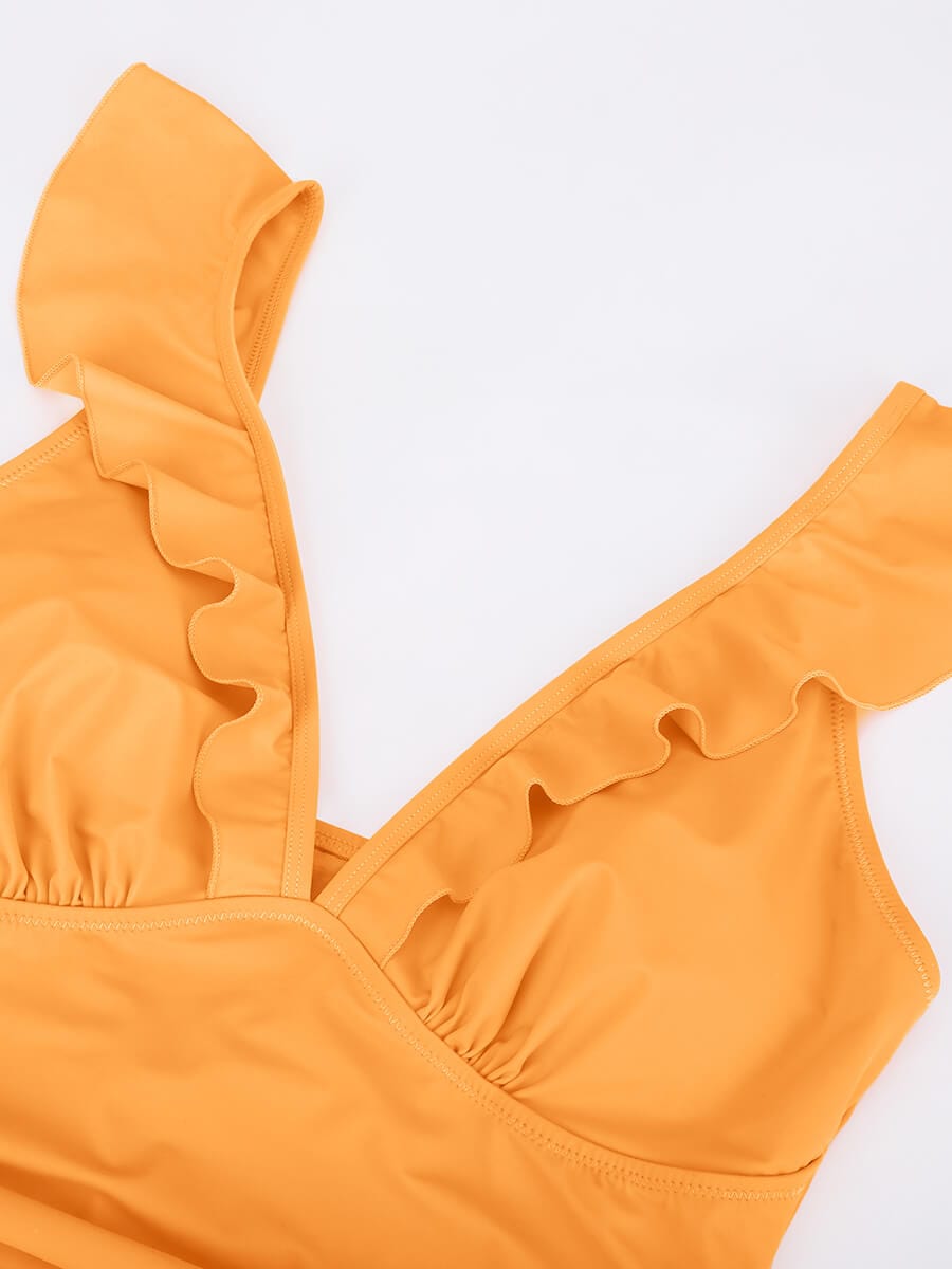 BodyLyn Ruffled One Piece V Neck Lace Up Swimsuit