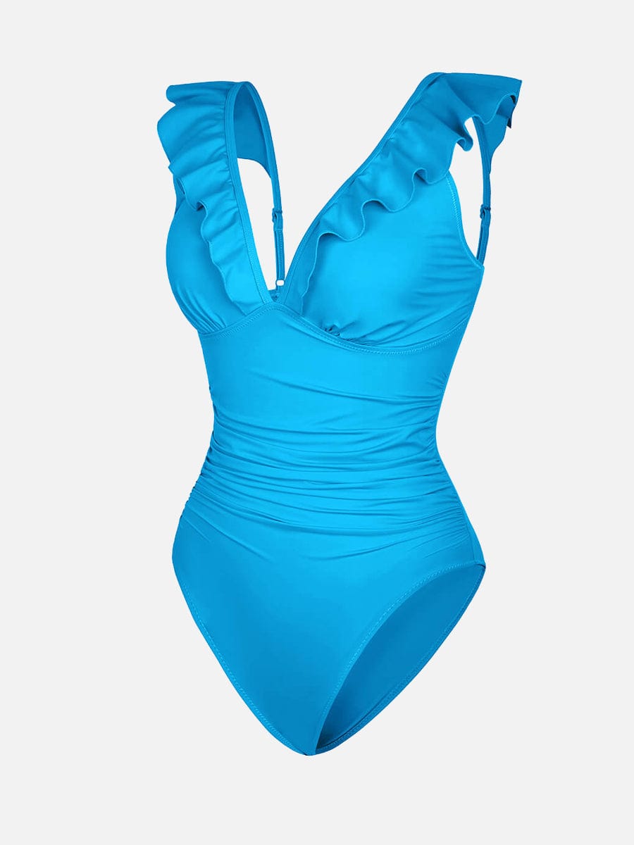 BodyLyn Ruffled One Piece V Neck Lace Up Swimsuit