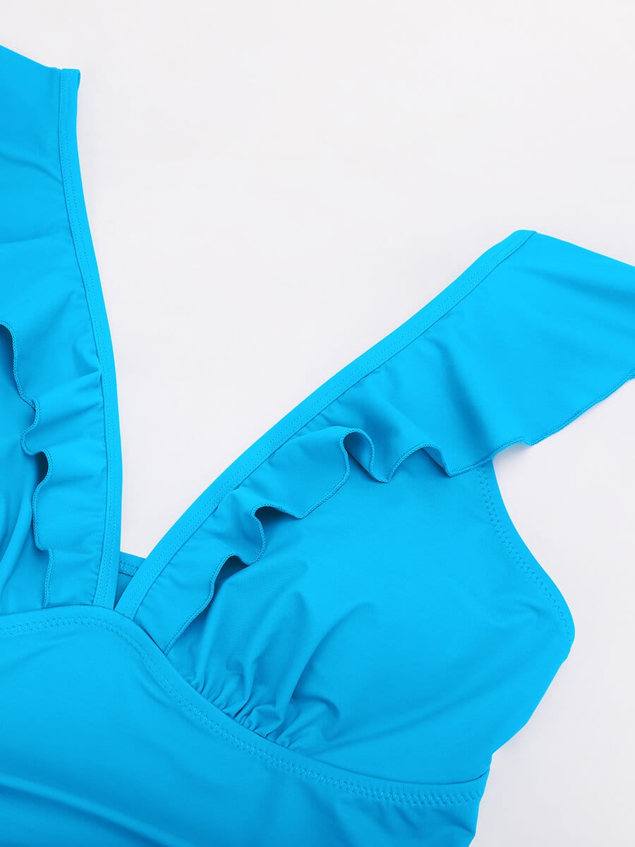 BodyLyn Ruffled One Piece V Neck Lace Up Swimsuit