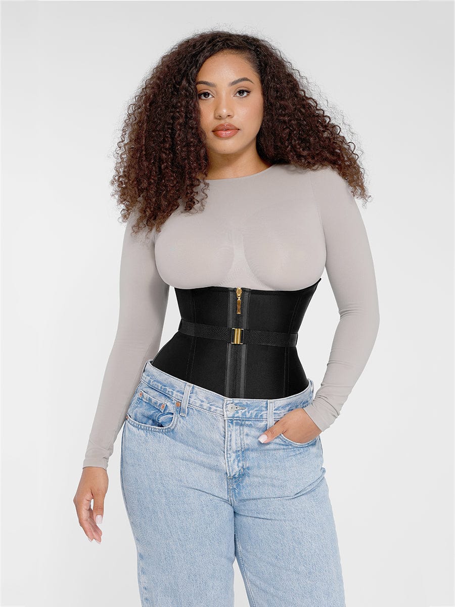 Wholesale U-Shaped 10 Steel Bones Latex Waist Trainer with Fan Lacing and Front Buckle Adjustment